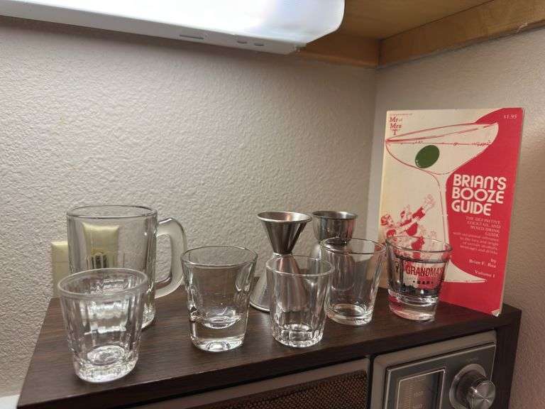 Sony radio, bar guide, car planter,  shot glasses, etc