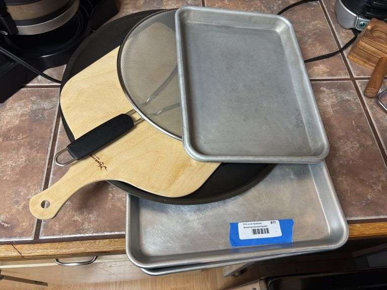 Full size baking sheets and half sheets, pizza pan, wood pizza tray, and mesh grease shield image