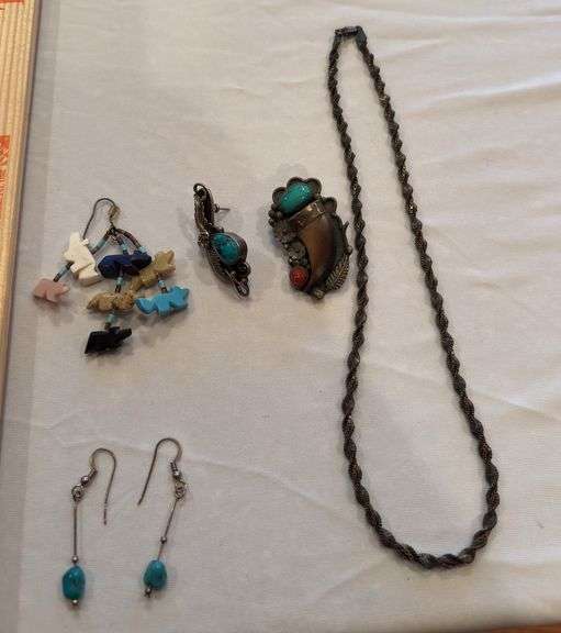 Turquoise earrings, Italy tarnished chain, three single pieces some marked Sterling, ring image