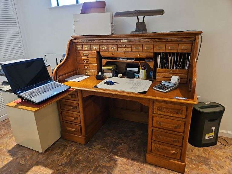 Roll Top Desk and Metal Lamp with, No Other Contents, Stair Carry 60 x 28 x 29-51h image