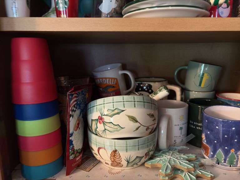 Tupperware, silverplate, cookbooks, glassware, coffee mugs, etc "A" cupboards
