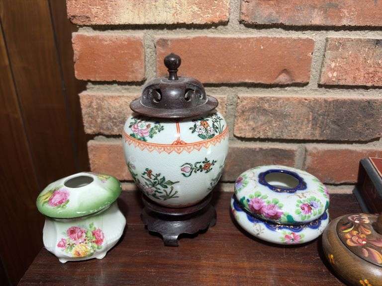 Hair receivers, urn, two rosemaled trinket boxes