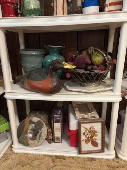 Shelf and all includes small personal cooler, decorative vases, a clown and more