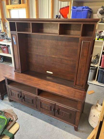 2 Section Entertainment Center with lots of storage 62 x 20 by 25 lower section (66” total height) image
