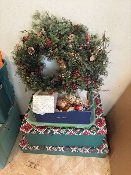Christmas ornaments, bulb tote and two wreathes image