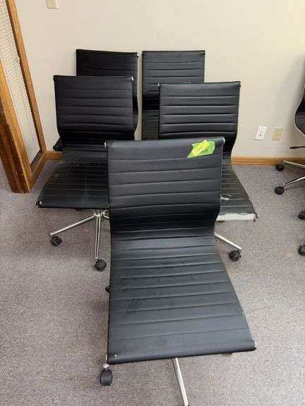 Five rolling adjustable height office chairs, see photos for condition image