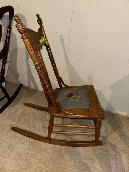 Medallion back oak sewing rocker w/ needlepoint seat