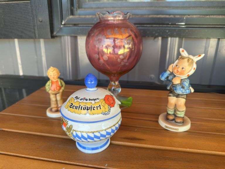 2 Hummel figurines, "mustard" jar and red flashed stemmed vase image