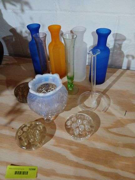 Colored glass bottles, flower frogs etc...