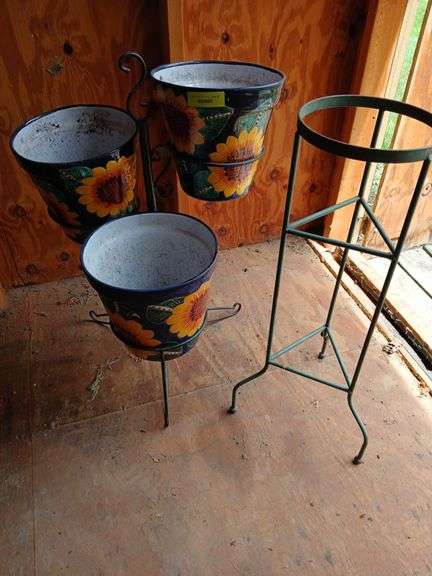 3 flower pot holders and pots 31" tall image