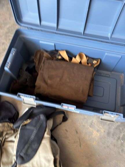 Various Fishing Waders, size 10 boots, folding fishing poles in blue licking tub