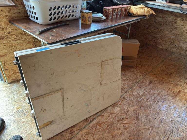 Three folding tables 2 wood top one plastic image