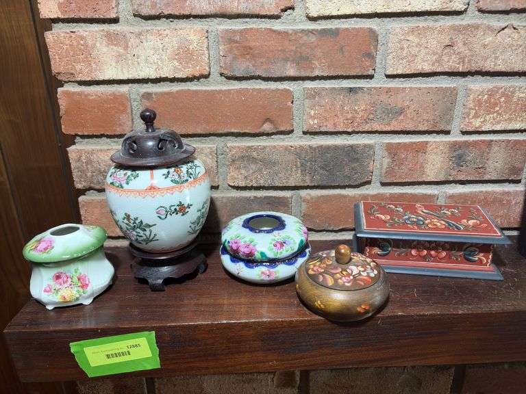 Hair receivers, urn, two rosemaled trinket boxes image