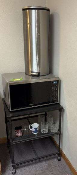 Samsung microwave, stainless steel trash can, rolling shelf unit, etc image