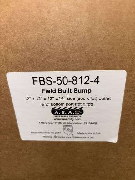 ASA field built sump 12x12x12 w/ 4” side outlet and 2” bottom port Part FBS-50-812-4 image