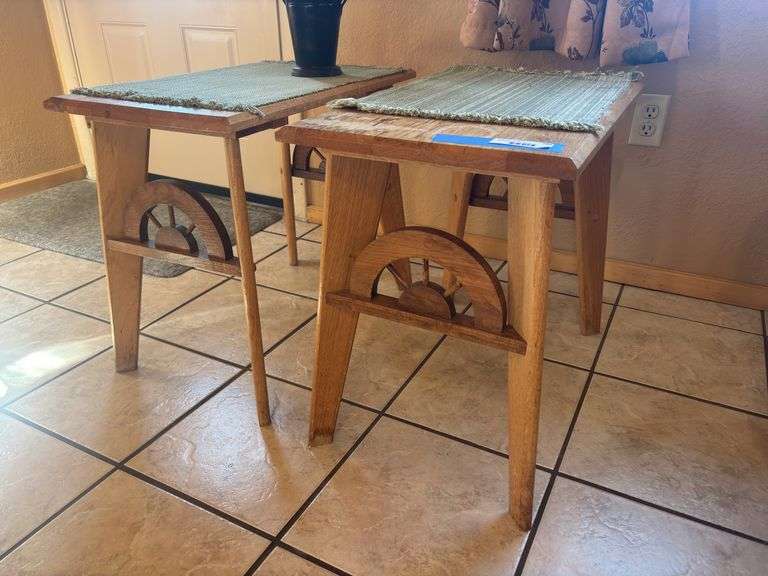 Two Oak wagon wheel style end tables 24 x 15 x 20 image