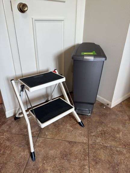 Simple Human trash can and Polder two step folding stepstool image