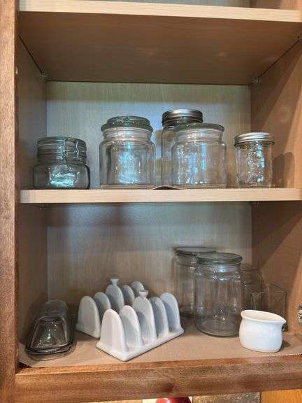 Jars, Toast holders, glass butter dish, creamer