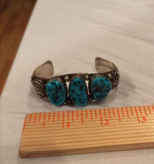 Native American Three stone turquoise cuff bracelet, unmarked image