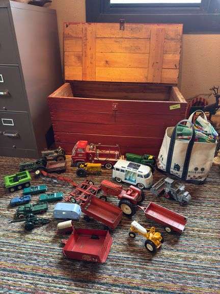 Wood toy box and vintage toys including Tonka, Ertl, Tootsie Toy, Buddy L, Nylint etc image