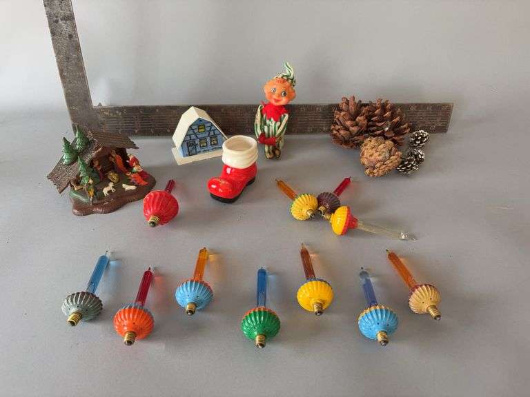 Vintage Christmas decor includes bubble lights, elf, Nancy’s Santa boot 1966, hard plastic Nativity scene image