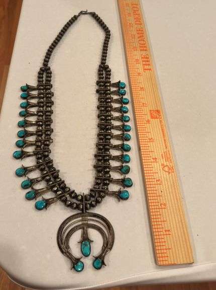 Vintage Box Bow Squash Blossom Turquoise Necklace signed image
