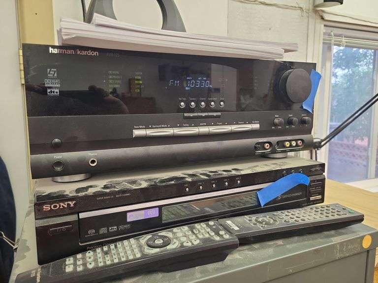Harman/Kardon AVR125, Sony disc changer and Pioneer converter; With speakers.   Bring tools/step ladder to remove image