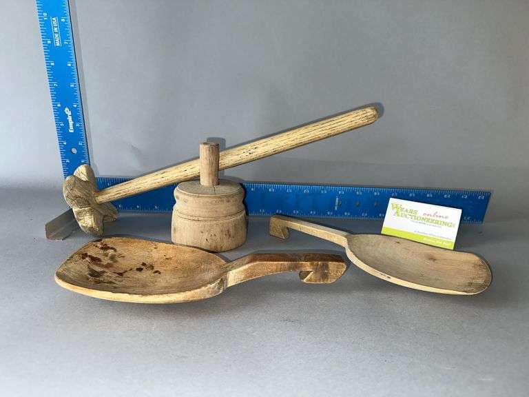 Wood butter mold, butter paddles and dasher image
