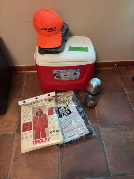 Igloo Island Breeze cooler, ball caps, stainless steel 33oz vacuum bottle, (2) River City size 3X Classic coats and Tingley size 3X two piece rain suit image