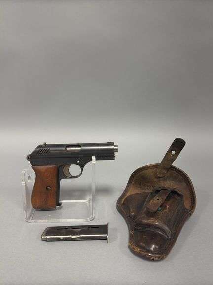 Czeska Pistol, Model NM, SN 84885, 38Ca, Vintage leather holster with name handwritten, 2 mags image