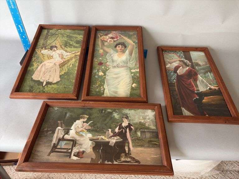 Four matching oak framed vintage ladies in the garden. image