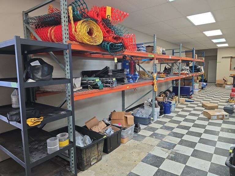 Pallet racking sells as 1 unit-42" x 8' uprights (5), 8' crossbars (8), 9' crossbars (8), wire shelving (16) NO CONTENTS!! image