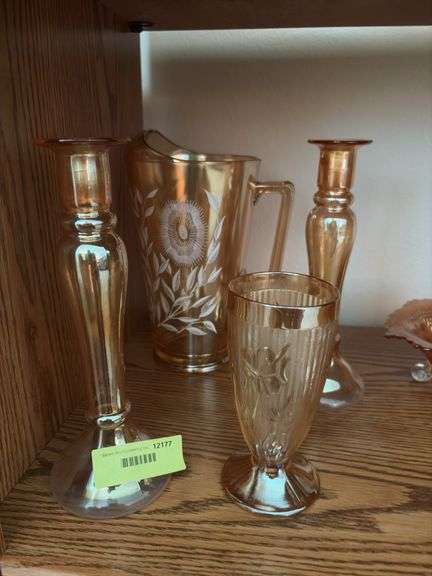 Lustreware pitcher and candle holders, footed iced tra