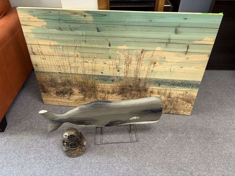 47x30 ocean scene on wood picture, whale with a broken tail and decorative divers helmet image