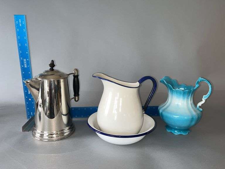Nickel plated coffee pot, china pitcher and white w/ blue edged enamelware bowl and pitcher image