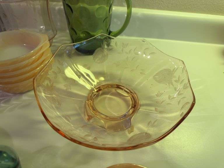 Pink and green Depression glass, Fire King bowls