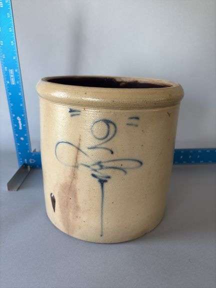 Salt glaze 2 gallon crock with turkey drop Does have some hairlines, see photos image