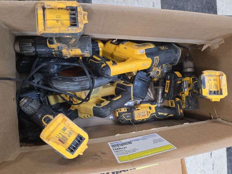 Assorted Dewalt 20V tools, batteries, chargers, circular saw, recip saw, cutoff tool, 4 drills etc... image