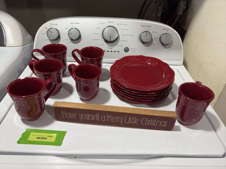 Better Homes & Gardens milk and cookie service for 5 and a holiday sign One mug is chipped image