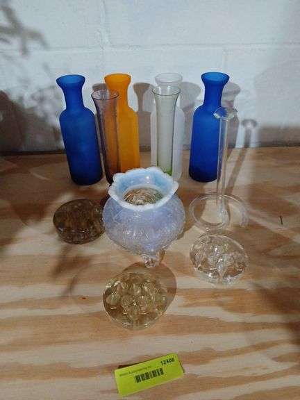 Colored glass bottles, flower frogs etc...