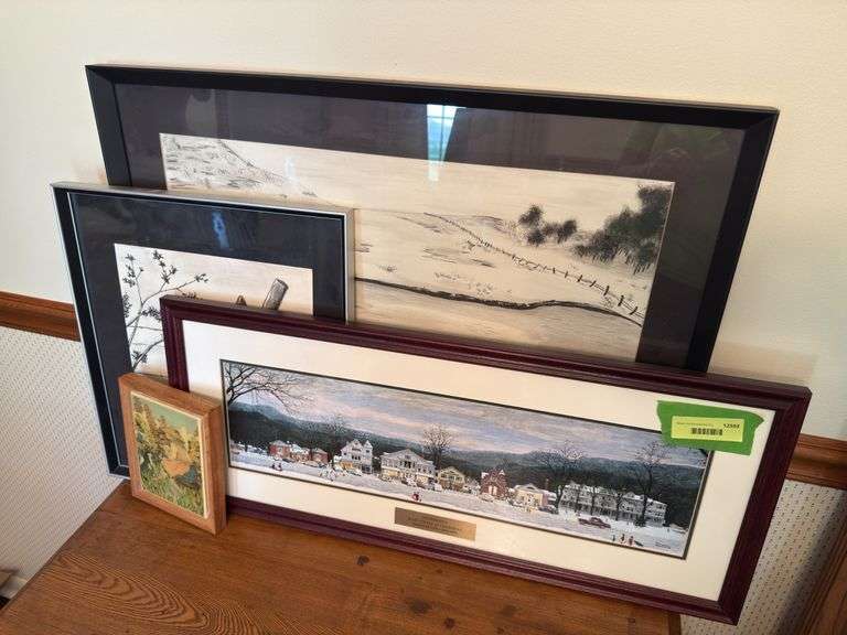 Four pieces wall art-Norman Rockwell “Stockbridge at Christmas”, two local artist black & whites and a framed tile image