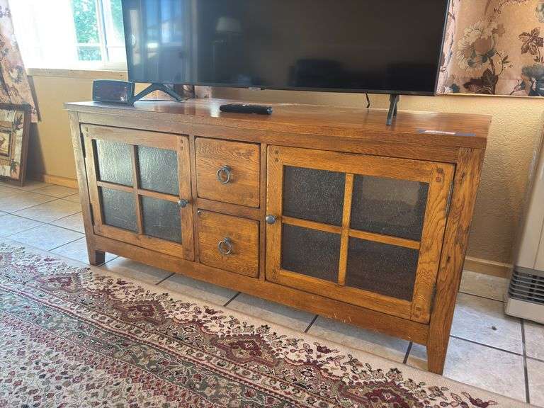 Solid oak television stand mission style with four panel glass doors 54 x 22 x 25 image