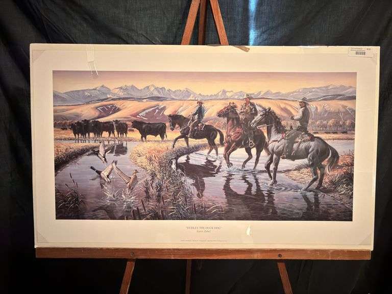 Unframed print by Larry Zabel “Dudley, the Duck Dog” with certificate of authenticity 36 x 20 image