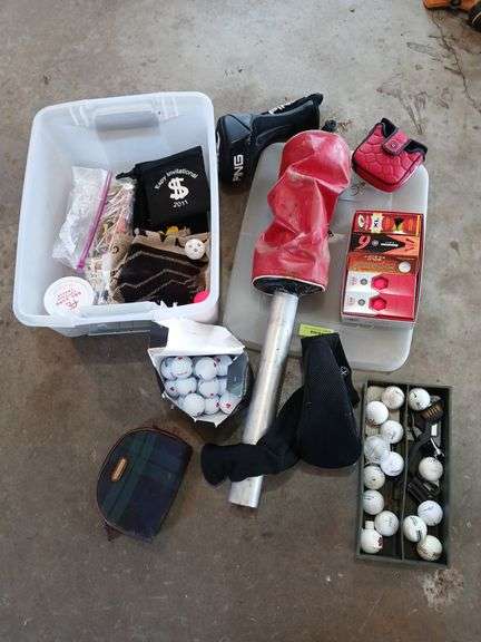Tote of new and used golf balls, ball gatherer, club covers etc... image