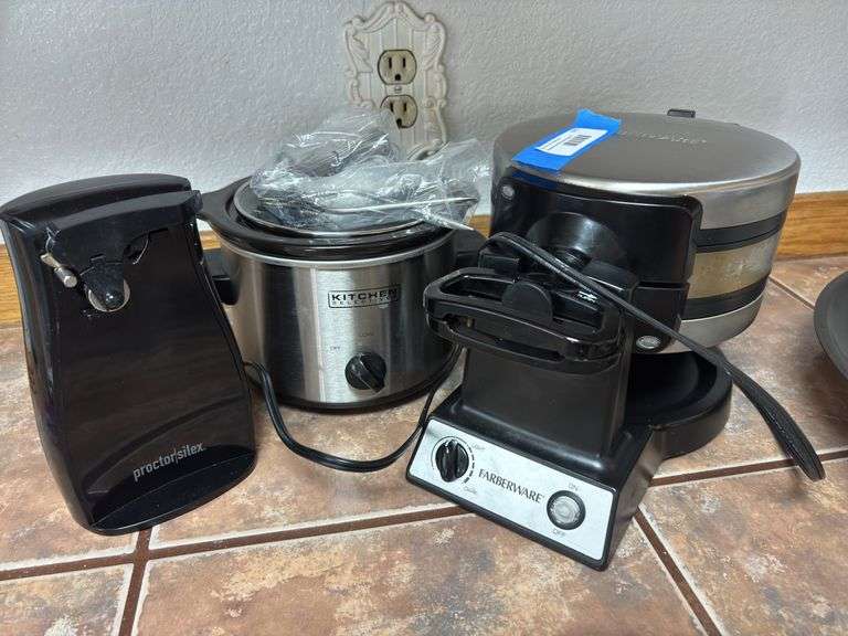 Farberware, double-sided waffle maker, small crockpot, and electric can opener image