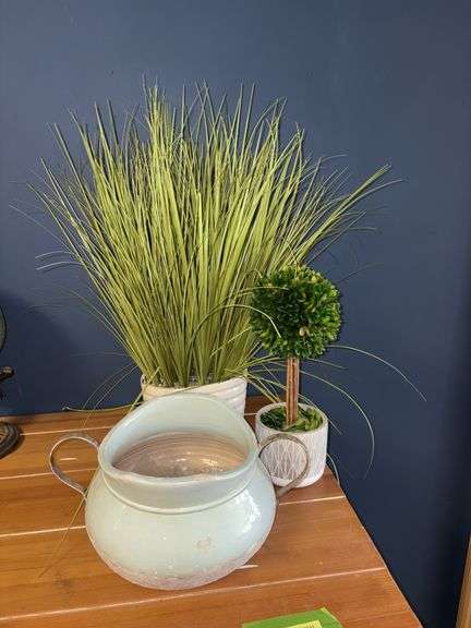 Two artificial plants with stoneware planters and modern decorative pottery planter image