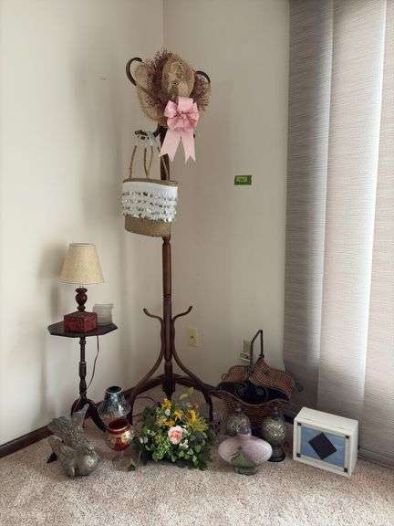 Hall tree, side table, table lamp and decor Hall tree has a broken arm image