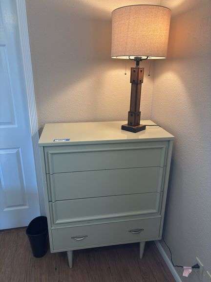 Vintage mid-century modern four drawer chest of drawers 34 x 18 x 42 with wood table lamp image