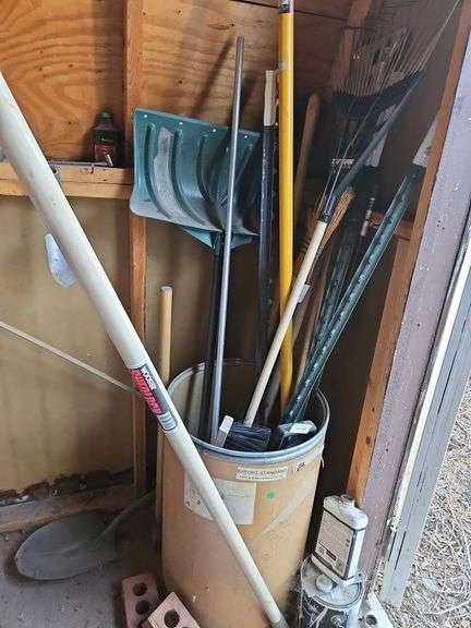 Shovels, T Posts, Sledge Hammer, Barrel, Broom, Paint Sticks image