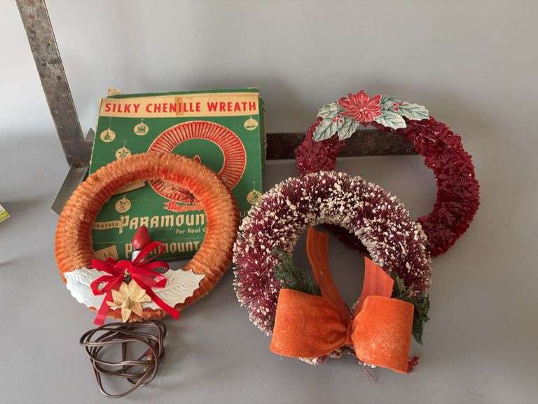 Vintage Christmas wreathes-bottle brush style, cellophane and silky chenille with original box image